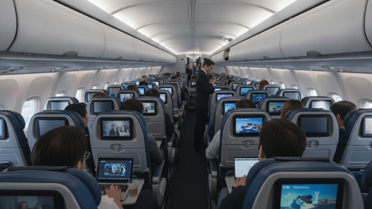 View down the aisle of an airplane, showing rows of passengers in economy seats, some using seat-back screens.