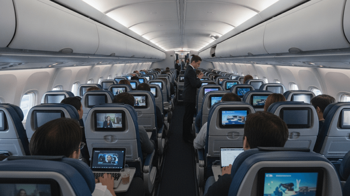 View down the aisle of an airplane, showing rows of passengers in economy seats, some using seat-back screens.