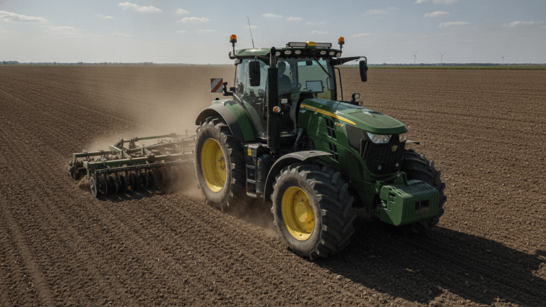 A green and yellow John Deere tractor with an attached tiller working a brown field under a clear sky.