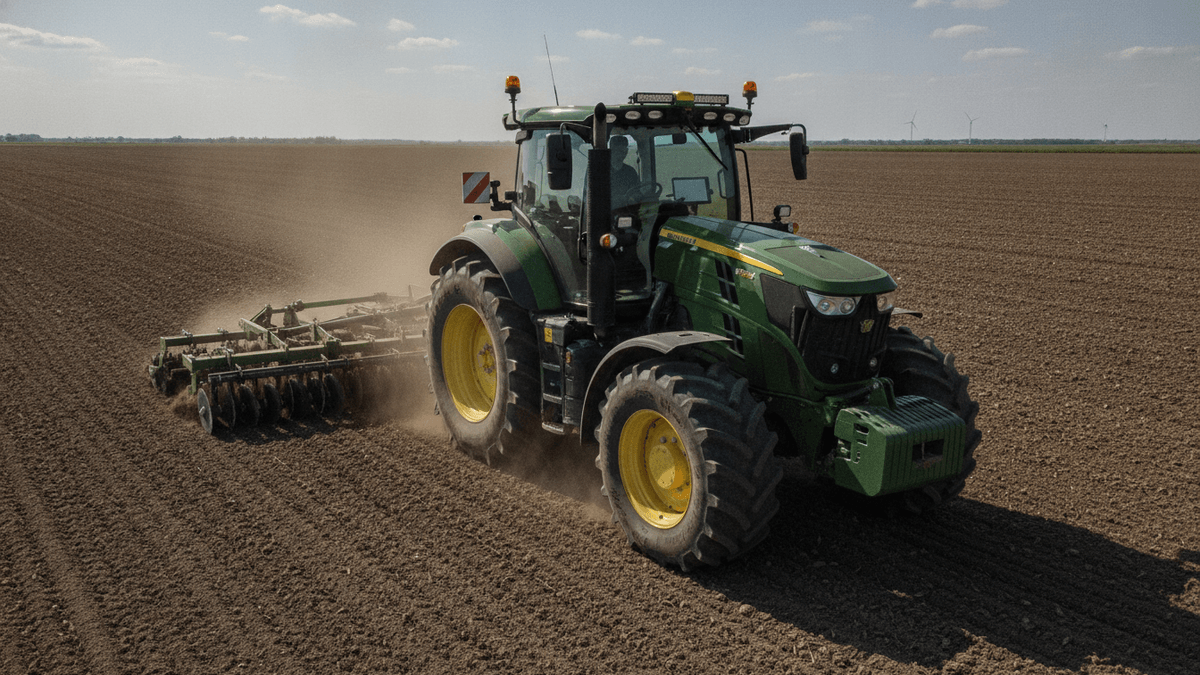 A green and yellow John Deere tractor with an attached tiller working a brown field under a clear sky.