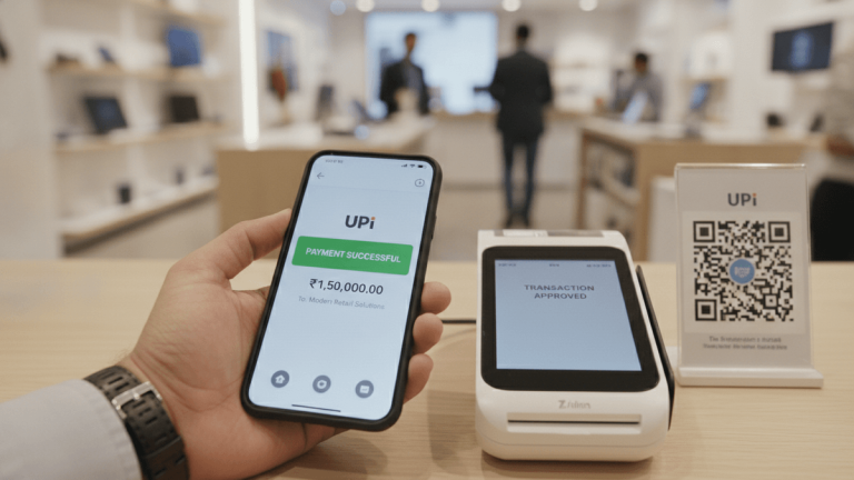 A person's hand holds a smartphone displaying a successful UPI transaction of ₹1,50,000, next to a payment terminal and QR code stand.
