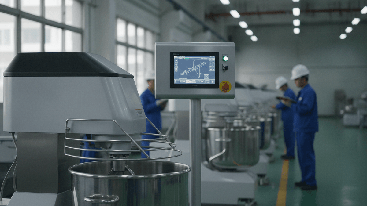 A modern industrial bakery mixer with a digital control panel, workers in the background, factory setting.