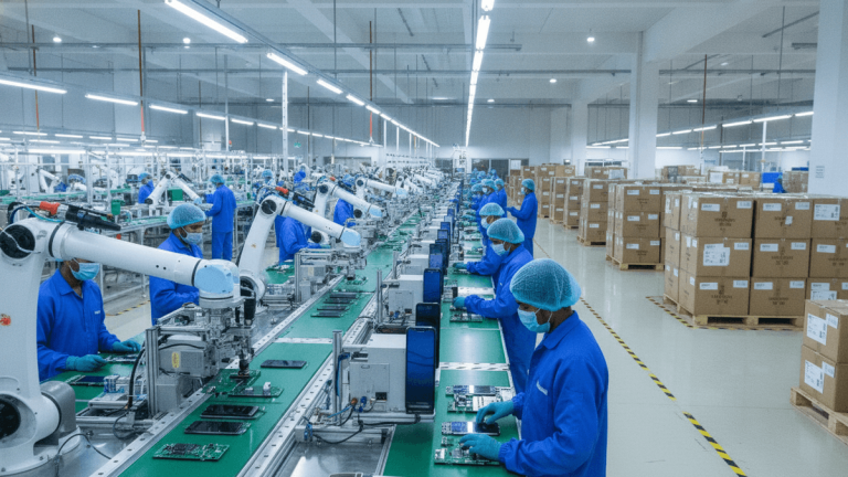 Wide shot of a modern, brightly lit electronics manufacturing facility with automated assembly lines and workers.