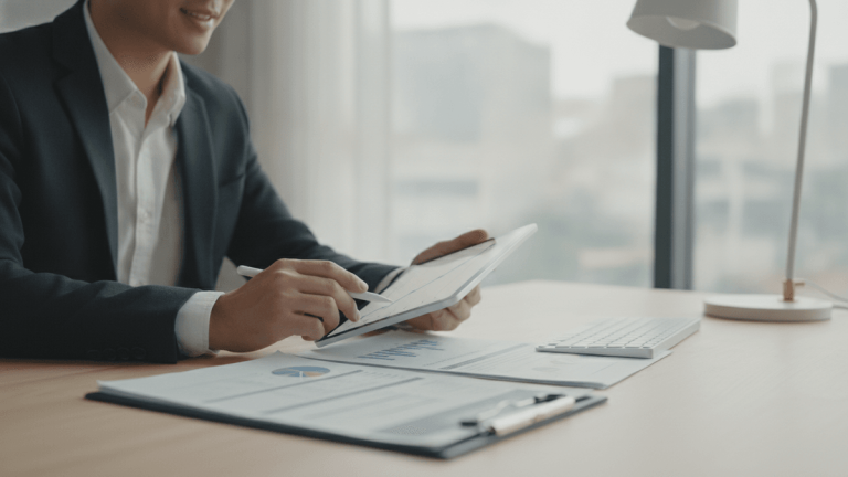 A person in business casual attire reviews financial documents and a digital display on a clean desk.