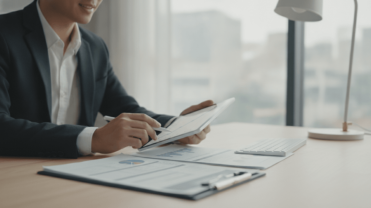 A person in business casual attire reviews financial documents and a digital display on a clean desk.