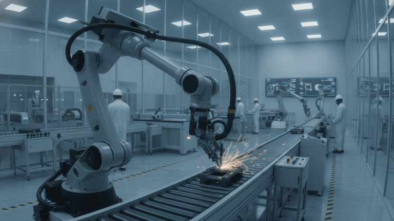 A multi-axis robotic arm performs a task on an automated production line in a clean, modern industrial facility.