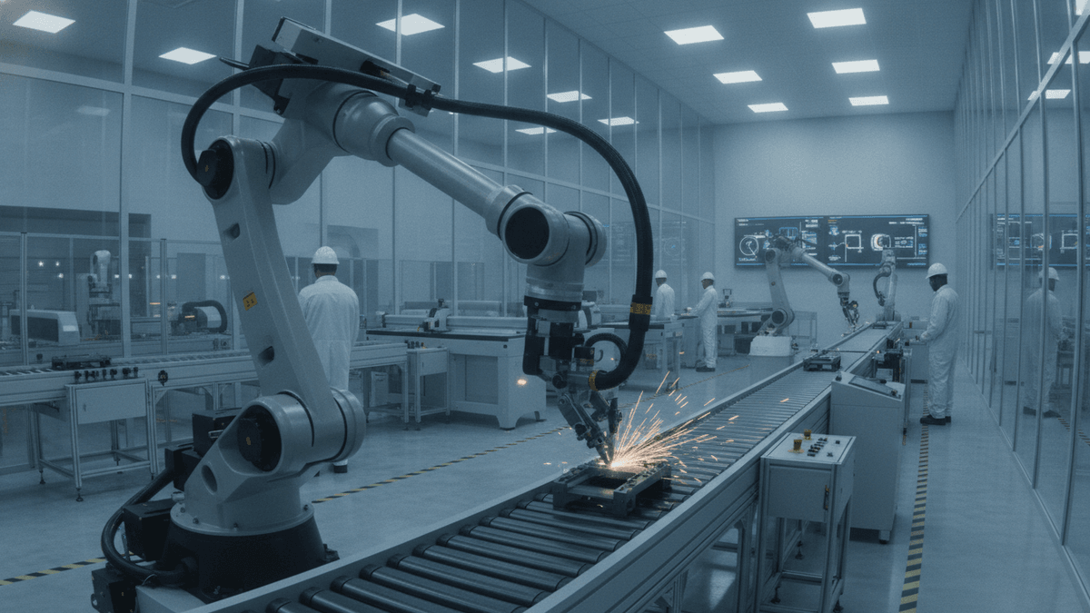 A multi-axis robotic arm performs a task on an automated production line in a clean, modern industrial facility.