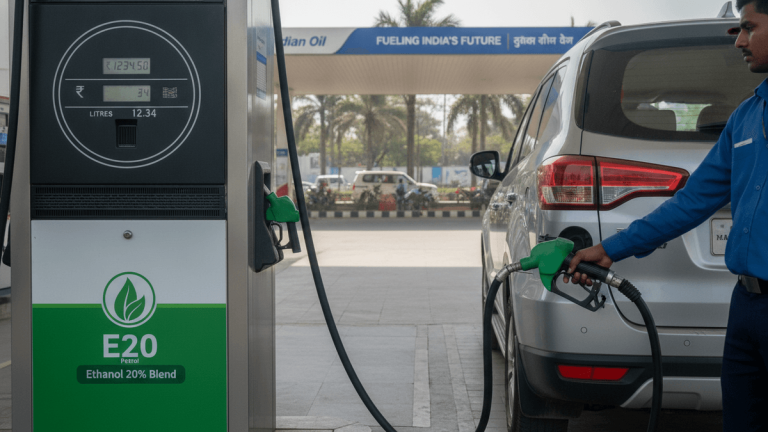 A man fueling a silver SUV with an E20 ethanol blend at a modern Indian Oil fuel station in India.