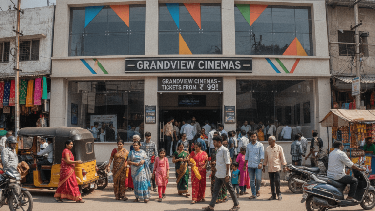 A medium wide shot of a modern cinema building with people entering and gathering outside, with a busy Indian street scene.