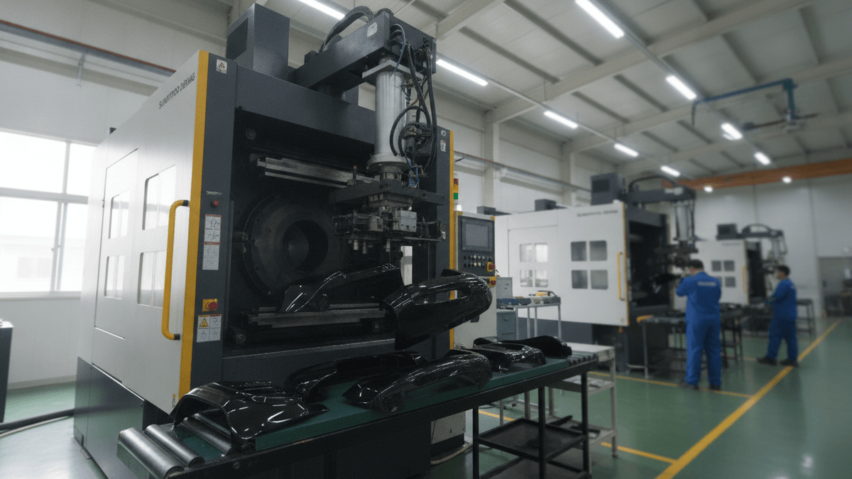 A large, black and yellow plastic injection molding machine in a well-lit factory, producing shiny black plastic parts.