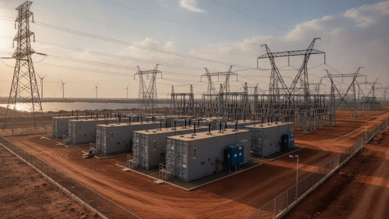 Wide, elevated shot of a large battery energy storage facility in India, with power lines and wind turbines in the distance.