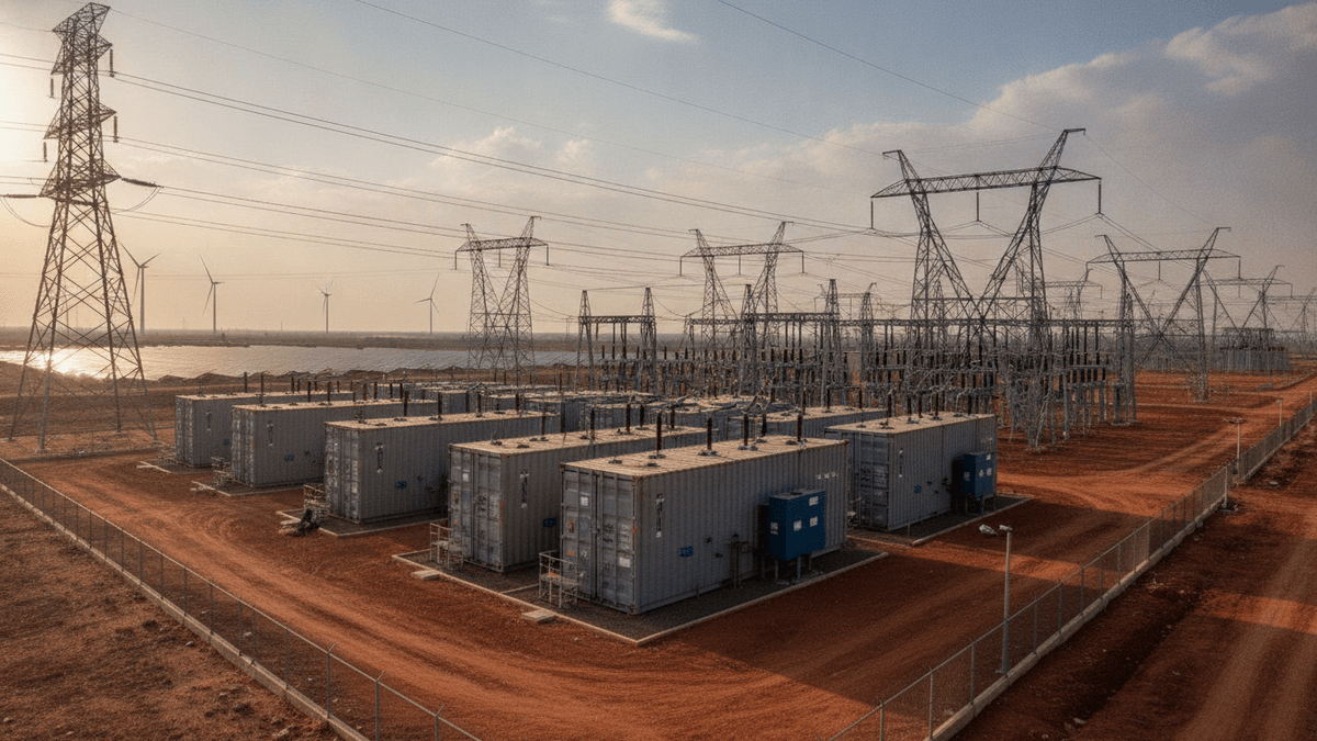 Wide, elevated shot of a large battery energy storage facility in India, with power lines and wind turbines in the distance.