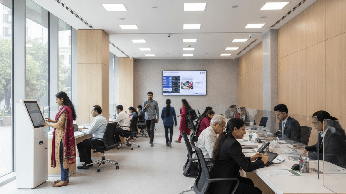 Inside a modern Indian bank, customers and staff engage in transactions; digital displays are visible.