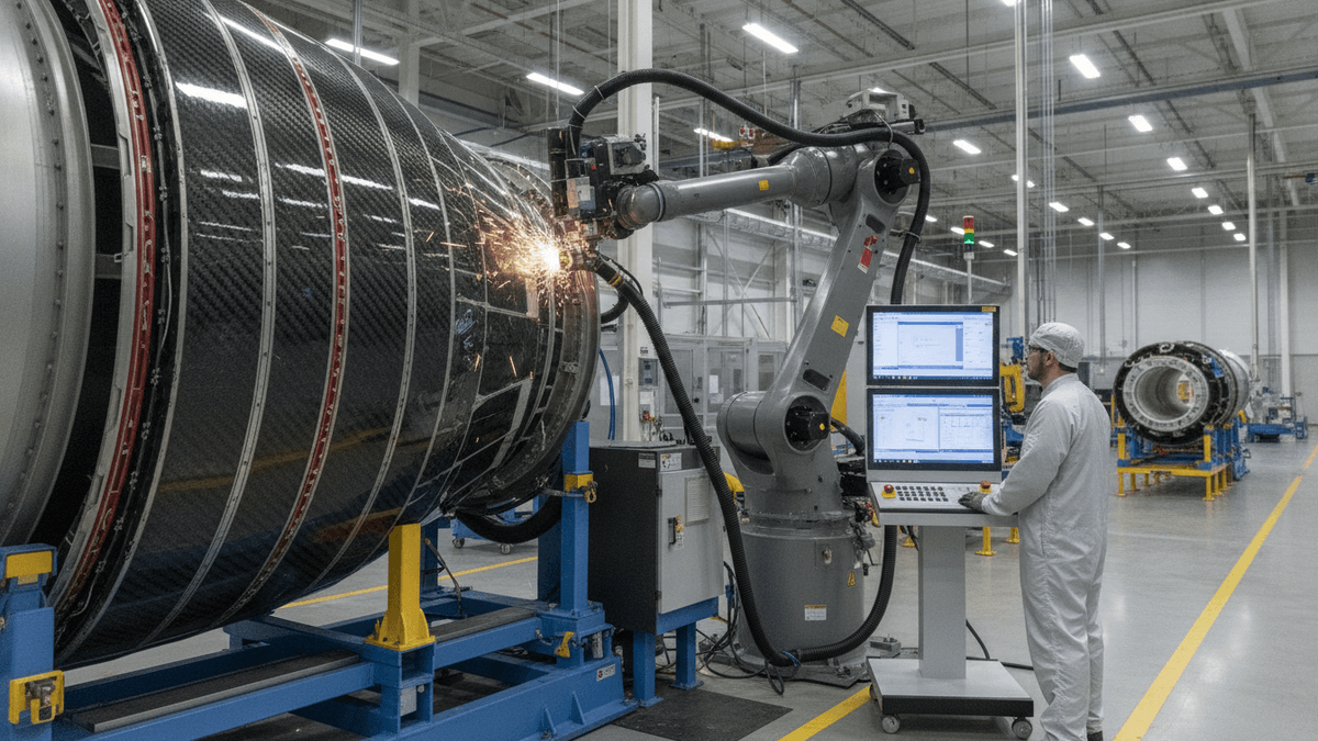 A technician in a cleanroom suit observes a robotic arm working on a large composite aerospace engine nacelle in a brightly lit factory.