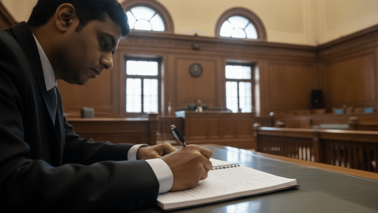 A journalist in a suit is diligently writing in a notebook during judicial proceedings in a formal courtroom setting.