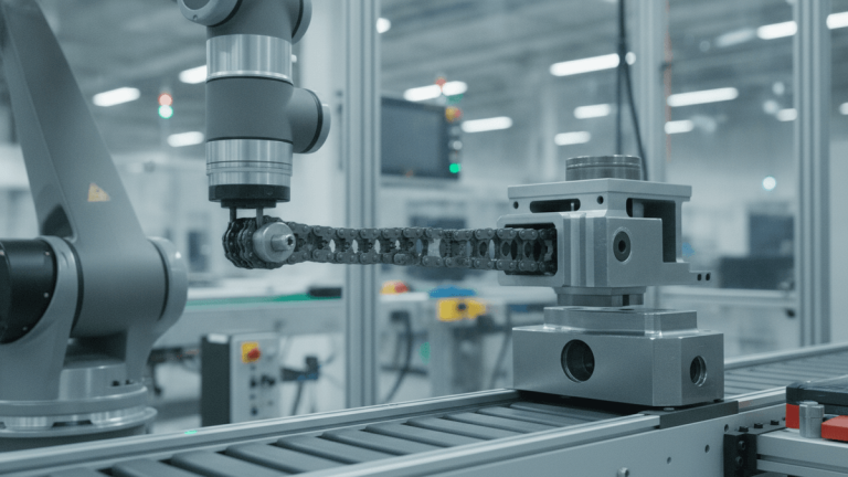 A zip chain actuator is extending from a robotic arm, moving a component along a conveyor belt in a factory.