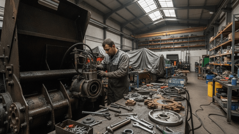 A mechanic in a gray jumpsuit works on the engine of a large industrial mulcher, surrounded by tools and spare parts.