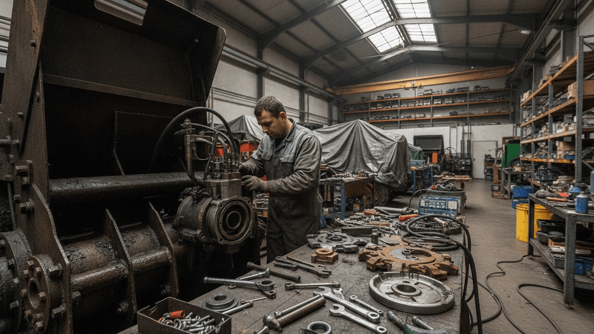 A mechanic in a gray jumpsuit works on the engine of a large industrial mulcher, surrounded by tools and spare parts.
