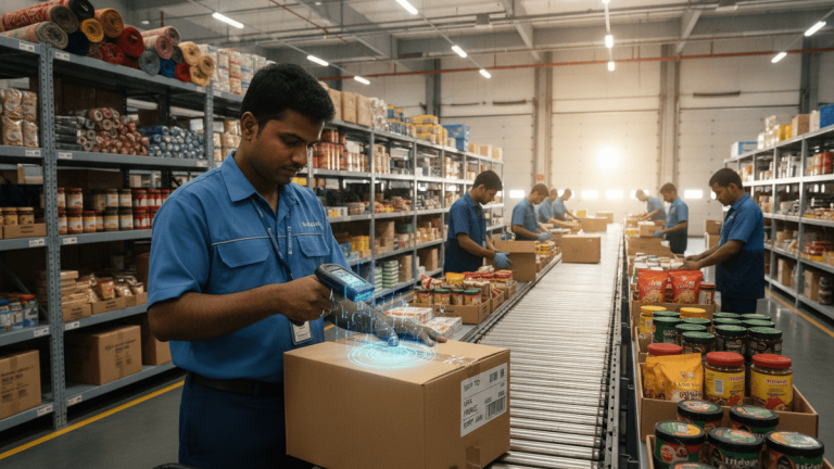 An Indian e-commerce worker scans a package with a handheld device in a busy warehouse.