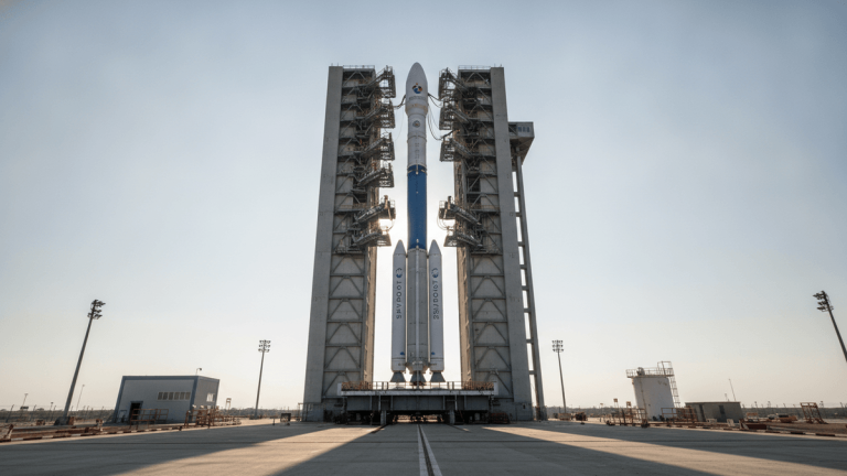 A wide shot of the Vikram-1 launch vehicle standing tall on a launch pad, with a gantry tower, under clear skies.