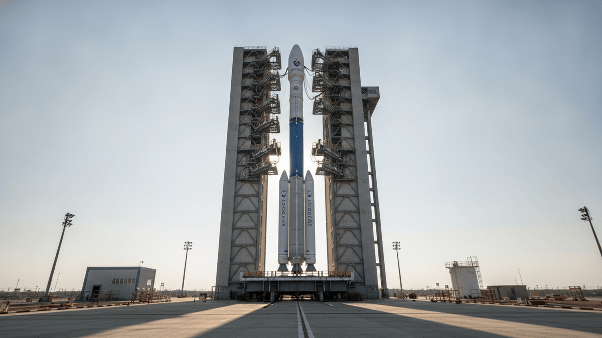 A wide shot of the Vikram-1 launch vehicle standing tall on a launch pad, with a gantry tower, under clear skies.