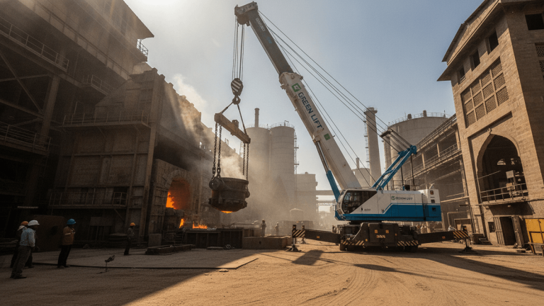 An EV hybrid crane lifts a molten metal crucible in an industrial complex under bright sunlight with clear shadows.