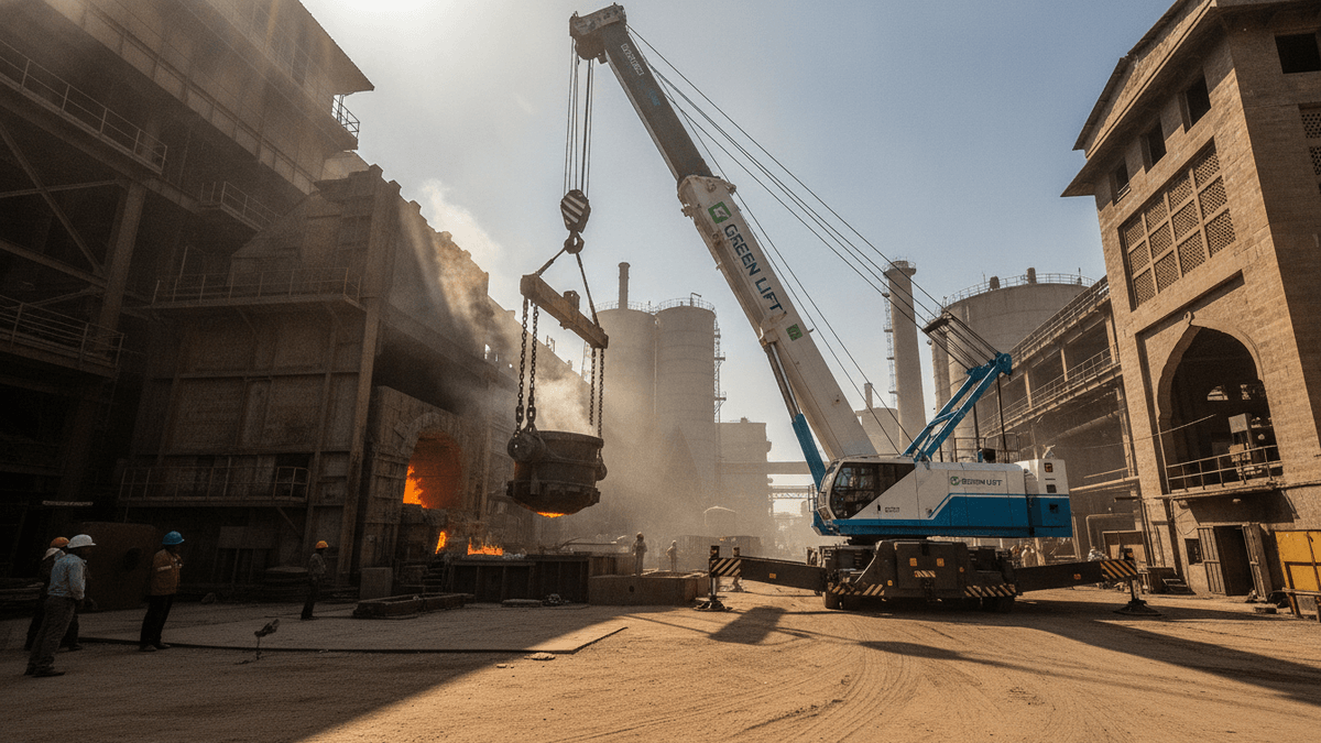 An EV hybrid crane lifts a molten metal crucible in an industrial complex under bright sunlight with clear shadows.