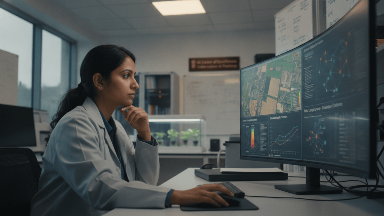 An Indian researcher in a lab coat looks at a computer screen displaying crop health data and urban patterns.