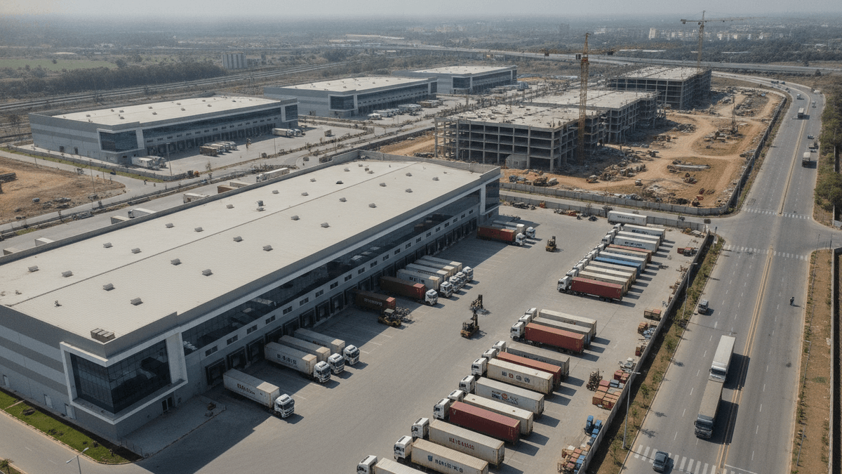 An elevated wide shot of a logistics park in India with several large warehouses, some under construction, and many trucks and containers.