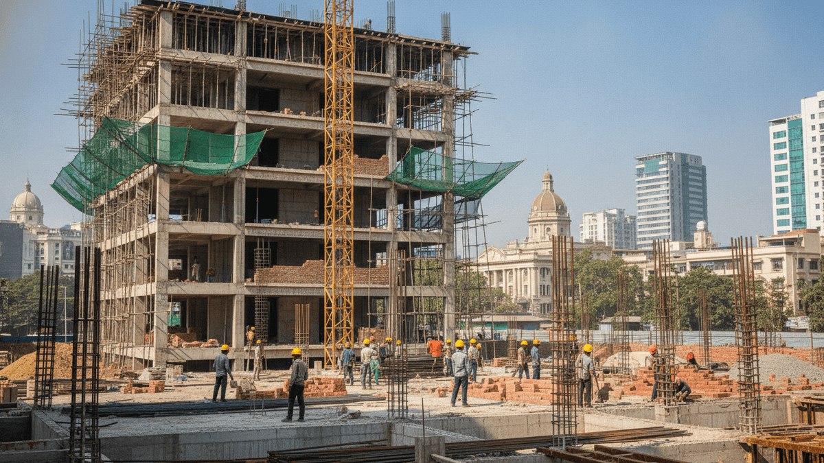 A medium wide shot of a multi-story building under construction with workers in hard hats and a city skyline in the background.