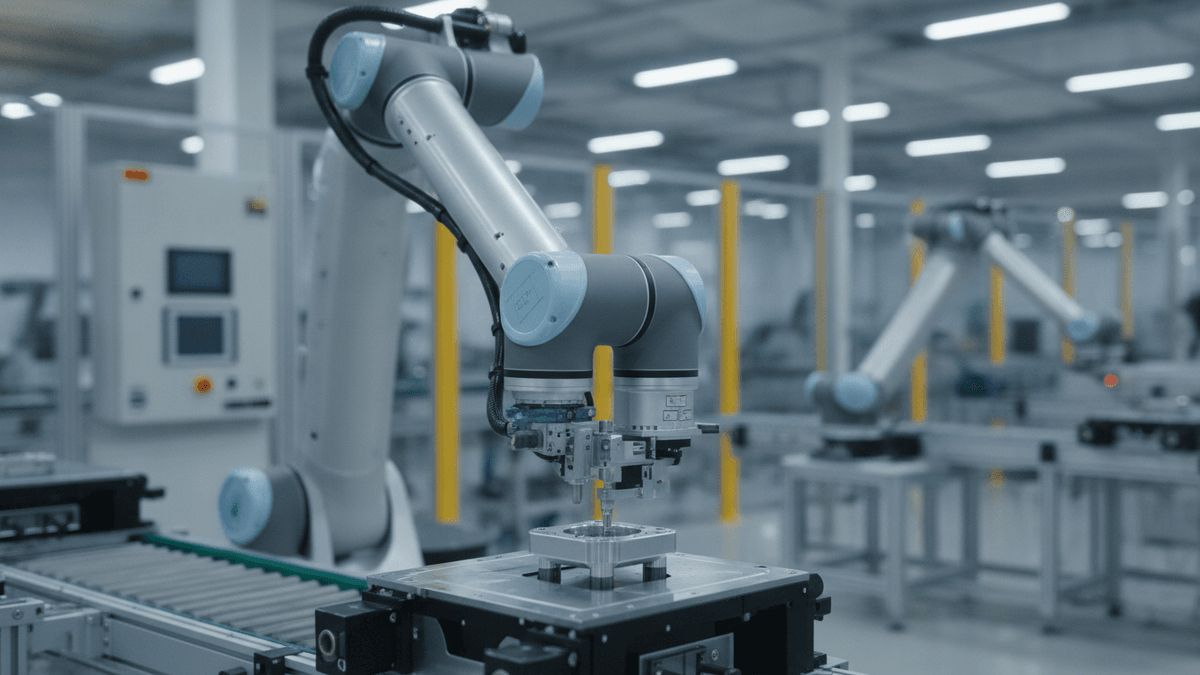 A multi-axis industrial robot arm precisely places a small silver component onto a larger silver base on a factory production line.