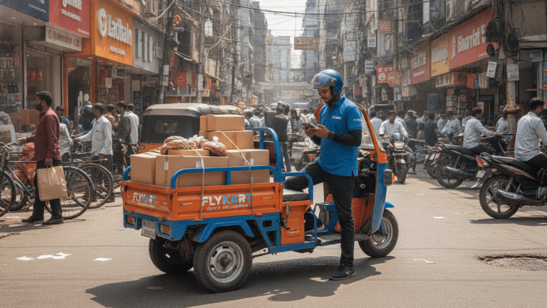 A delivery rider in a blue uniform stands next to a three-wheeled delivery vehicle loaded with packages on a bustling Indian street.