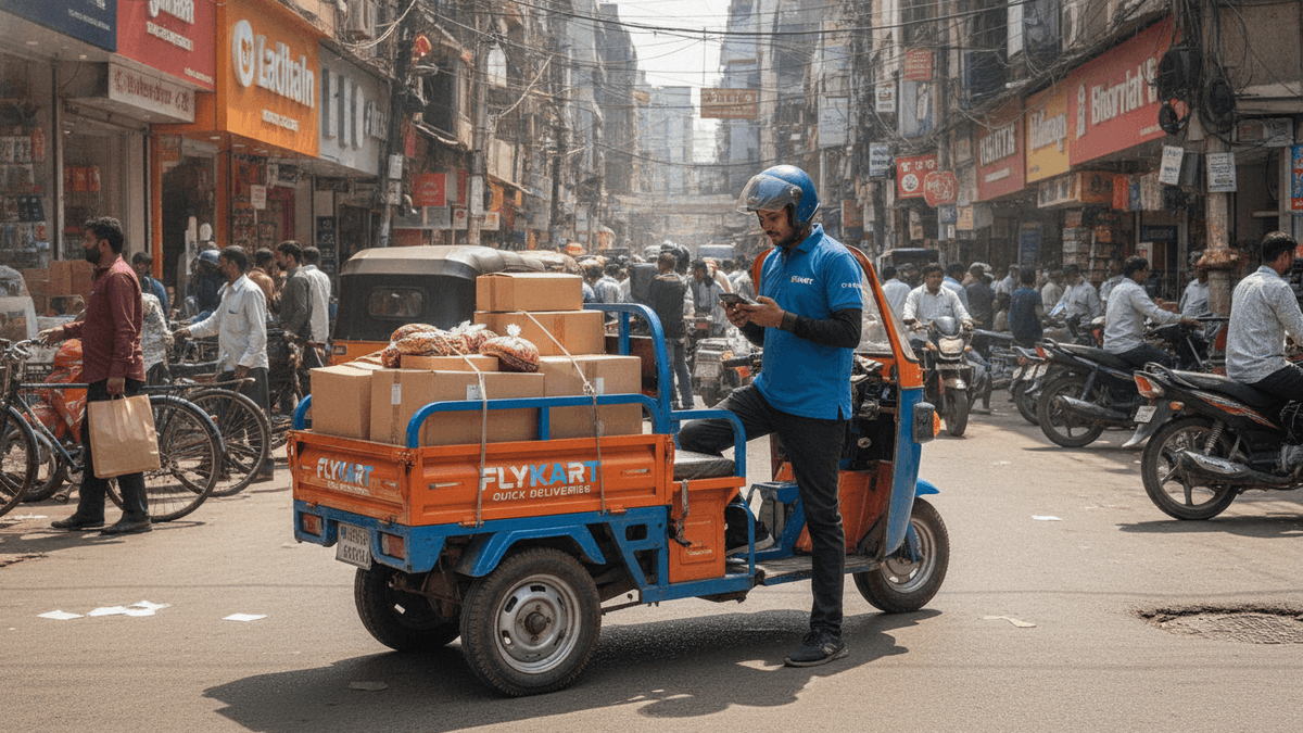 A delivery rider in a blue uniform stands next to a three-wheeled delivery vehicle loaded with packages on a bustling Indian street.