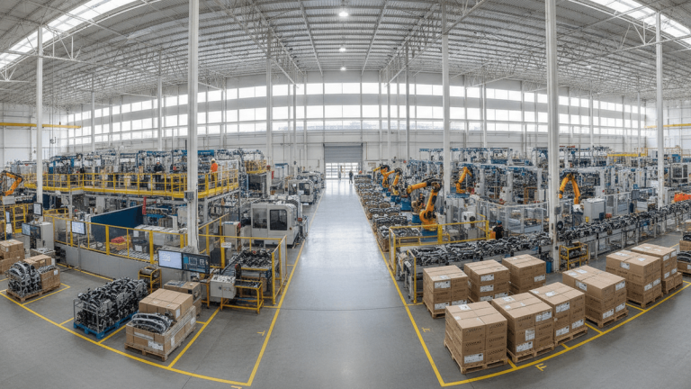 Wide shot of a clean, brightly lit factory floor with automated machinery, workers, and pallets of goods.