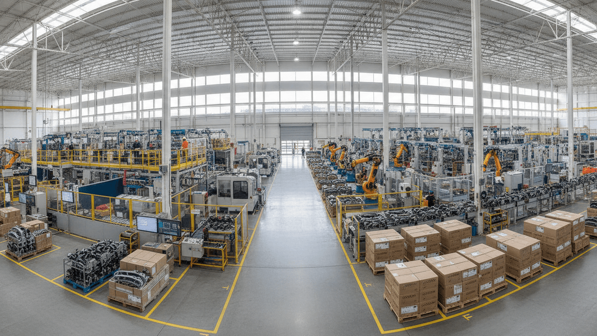Wide shot of a clean, brightly lit factory floor with automated machinery, workers, and pallets of goods.