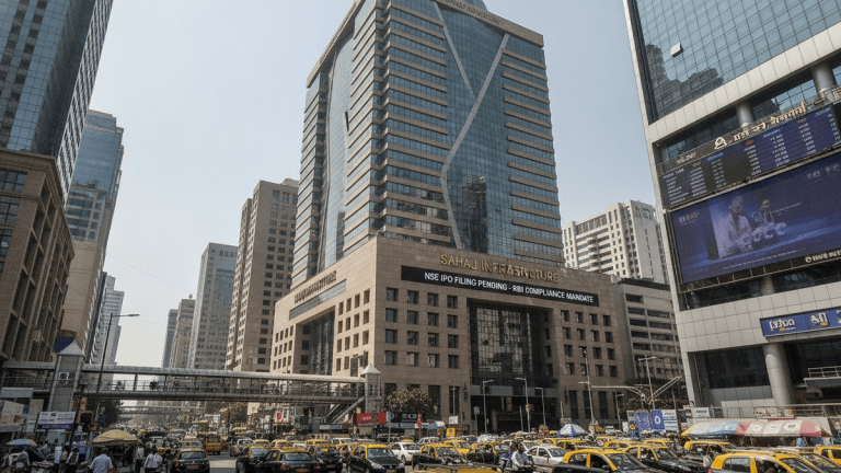 A towering modern corporate building in a bustling financial district, with traffic and pedestrians below.