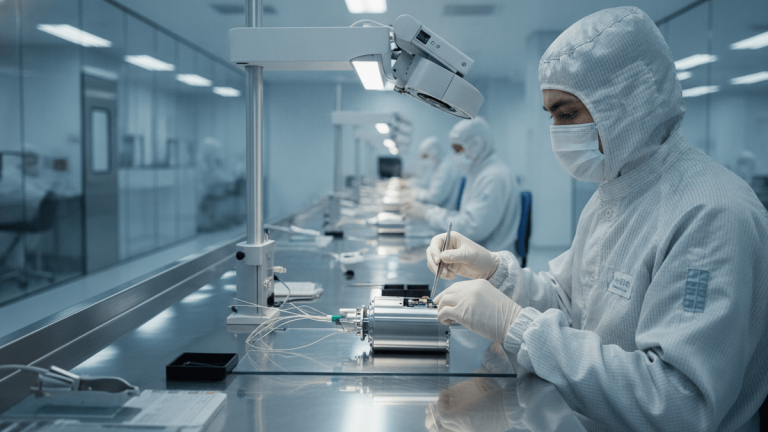 A technician in a cleanroom suit meticulously assembles a medical device at a workstation.
