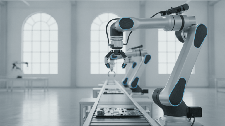 A medium shot of a sleek, silver and black industrial robot arm poised over a conveyor belt in a bright, clean factory.