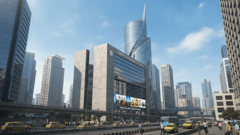 A large, modern corporate building with the "Bharat Suraksha Insurance" logo dominating a bustling Indian financial district.