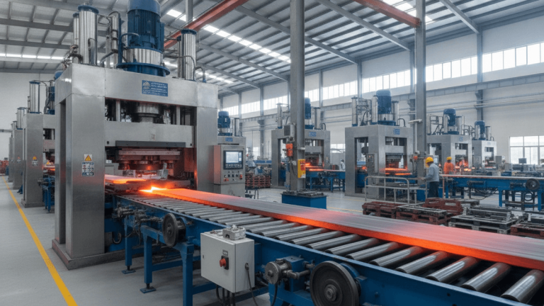 A modern factory floor showing automated industrial machinery processing red-hot metal sheets. Workers are visible in the background.