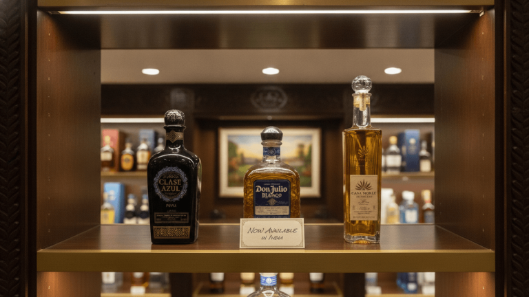Three premium tequila bottles, Clase Azul, Don Julio Blanco, and Casa Noble, on a well-lit shelf in a retail store.