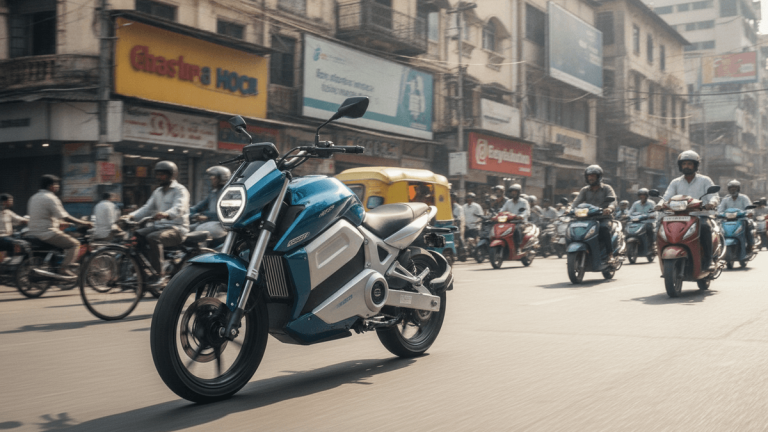 A blue and white electric motorcycle moves through a bustling Indian city street with other vehicles and buildings.