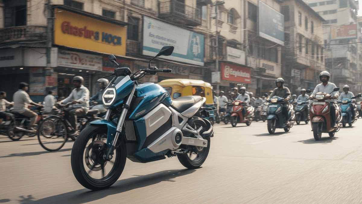 A blue and white electric motorcycle moves through a bustling Indian city street with other vehicles and buildings.