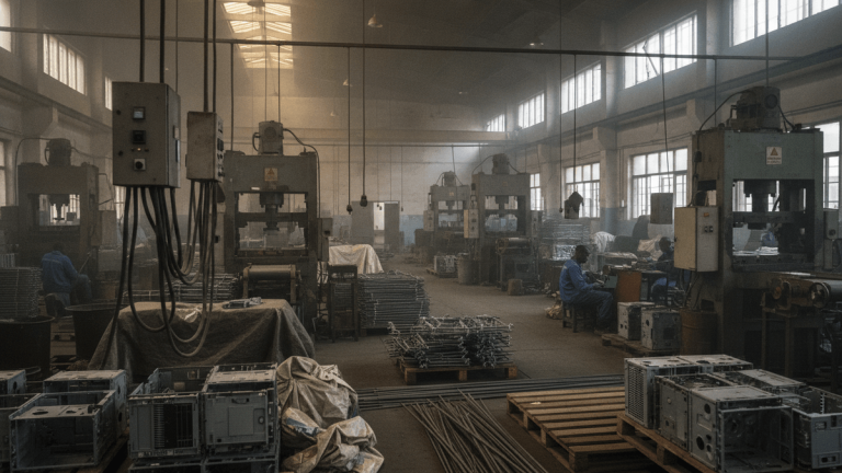 A medium-wide, slightly low-angle shot of a factory floor in Nigeria with industrial machinery and materials.