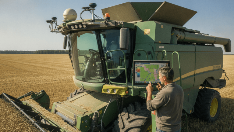 A farmer interacts with a digital display on a large green combine harvester in a sunlit field, with sensor equipment visible.