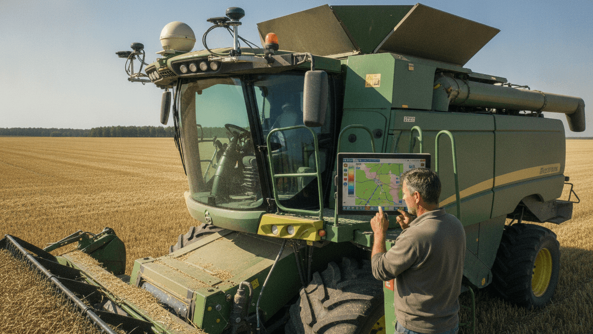 A farmer interacts with a digital display on a large green combine harvester in a sunlit field, with sensor equipment visible.