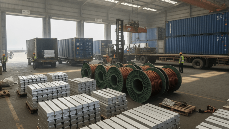 Wide shot of an industrial warehouse with stacks of aluminum ingots and large spools of copper wire in the foreground.