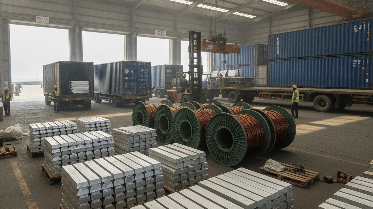 Wide shot of an industrial warehouse with stacks of aluminum ingots and large spools of copper wire in the foreground.
