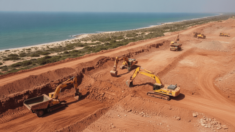 An aerial view of a large bauxite mine with excavators and dump trucks working near a pristine coastline.