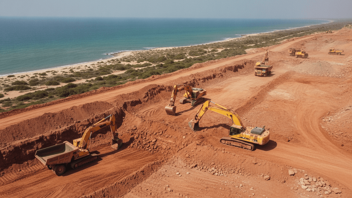 An aerial view of a large bauxite mine with excavators and dump trucks working near a pristine coastline.